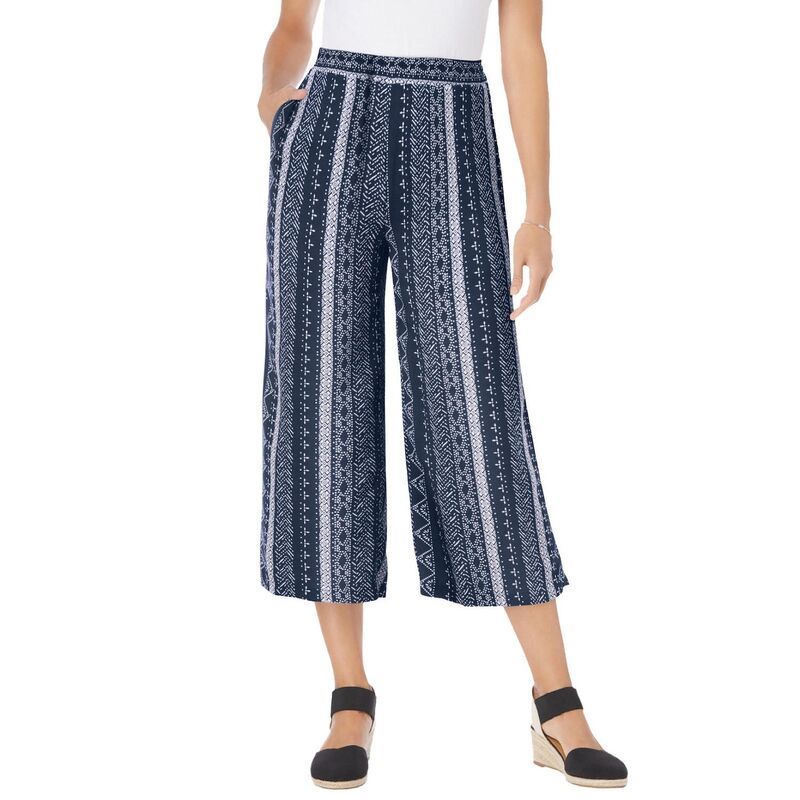 ウーマン ウィズイン レディース ボトムス カジュアルパンツ プラスサイズ キャップ Woman Within Plusize PullOn ElasticWaist Soft Capri Navy Batik Stripe ネイビー