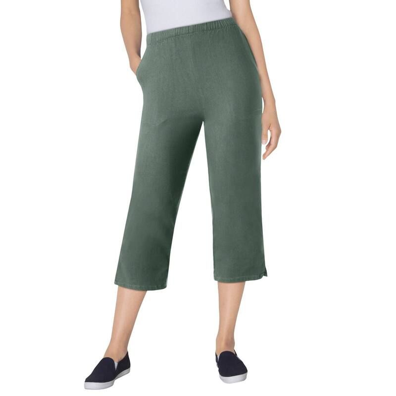 ウーマン ウィズイン レディース ボトムス カジュアルパンツ プラスサイズ プチ デニム キャップ ジーンズ Woman Within Plusize Petite Fineline Stretch Denim PullOn Capri Jeans Pine