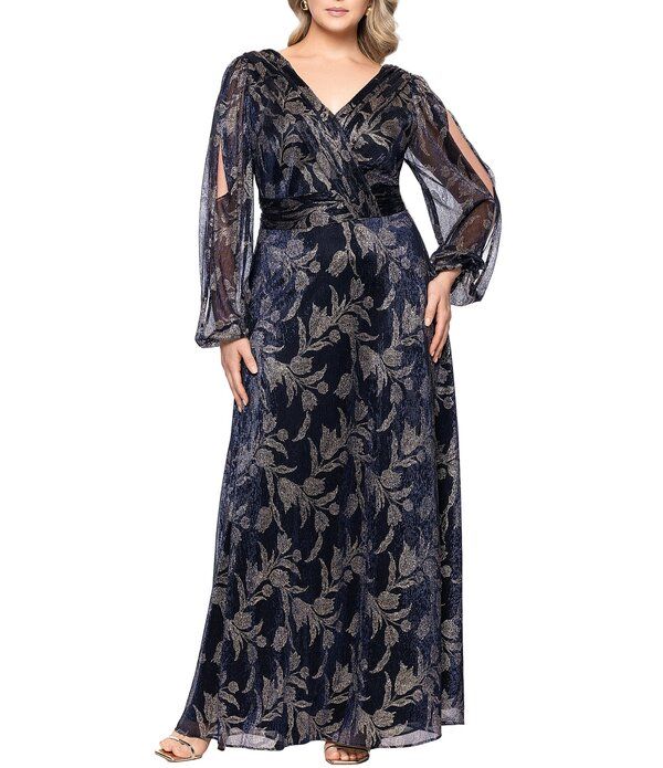 ベッツィアンドアダム レディース トップス ワンピース Vネック カットアウト プラスサイズ トール Betsy Adam Plusize Metallic Foil Crinkle VNeck Long Cutout Sleeve Dress NavyRos