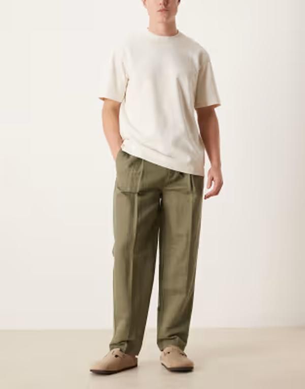 エイソス メンズ ボトムス カジュアルパンツ リネン ASOS DESIGN linen rich oversized taperedress pants in olive GREEN グリーン