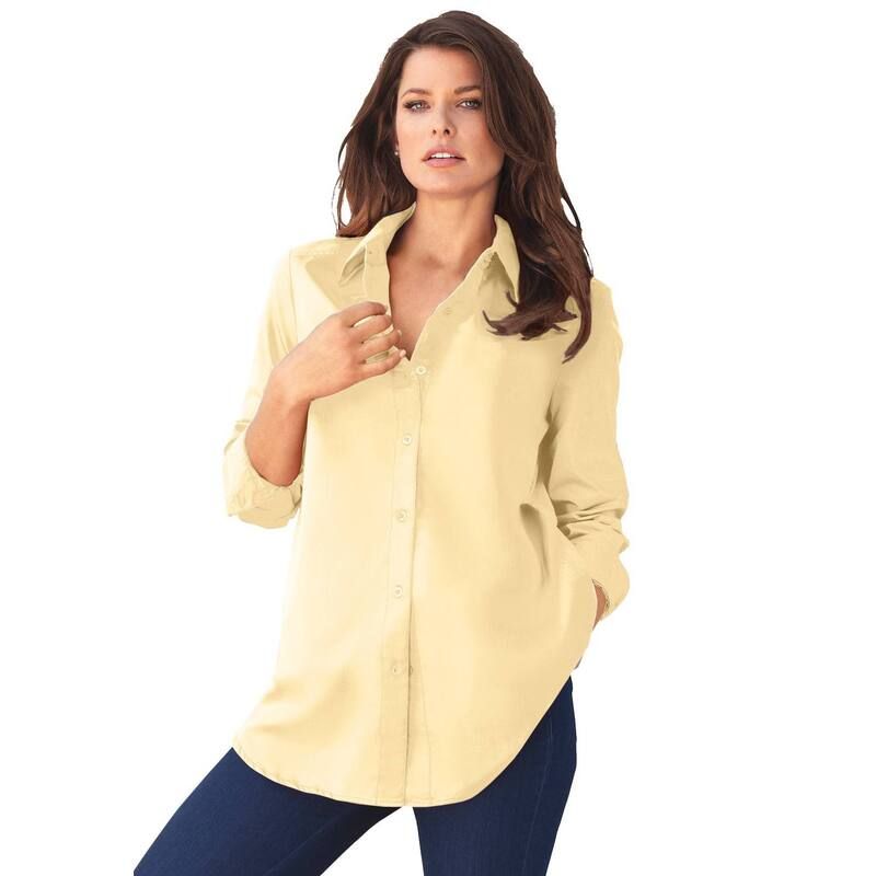 ロアマンズ レディース トップス シャツ プラスサイズ コットン Roamans Womens Plusize Kate Long Sleeveasy CottonBlend ButtonFront Shirt Banana
