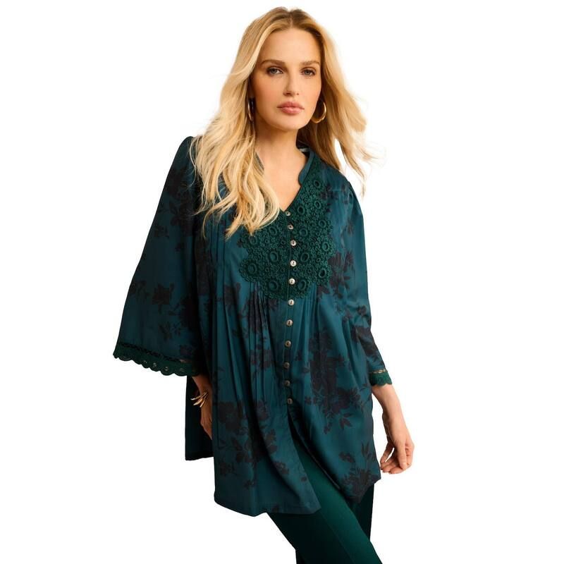 ロアマンズ レディース トップス Tシャツ レーストリム プラスサイズ ダウン レース Roamans Womens Plusize Juliet Lace Trim ButtonDown Shirt Emerald Black Bouquet ブラック