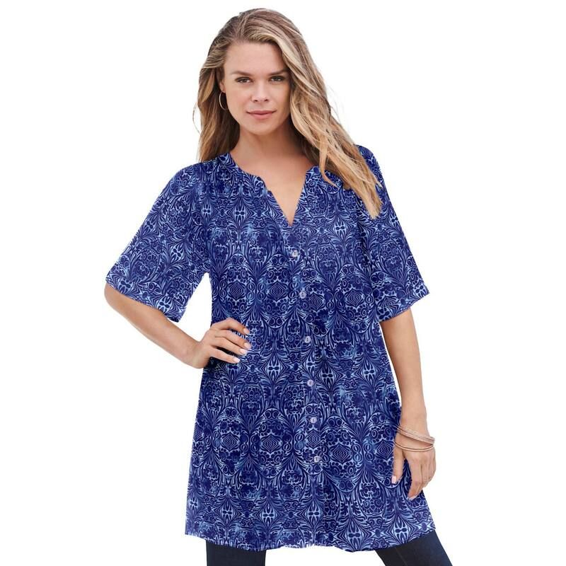 ロアマンズ レディース トップス Tシャツ プラスサイズ Roamans Womens Plusize Angelina Tunic Top Short Sleeve Flowy Fit Everyday Comfort Dusty Indigo Scroll