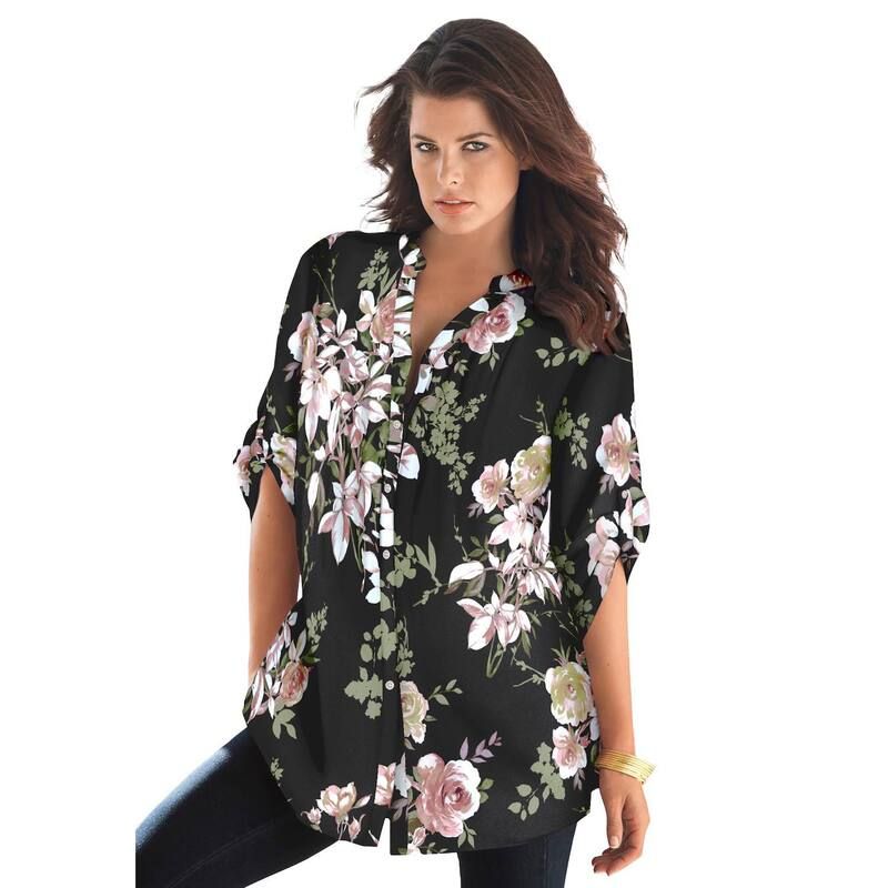 ロアマンズ レディース トップス Tシャツ フラワー柄 プラスサイズ フラワー Roamans Womens Plusize Floral YNeck Pintuck Tunic Adjustable Long Sleeve ButtonFront Black