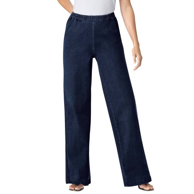 ウーマン ウィズイン レディース ボトムス デニムパンツ プラスサイズ プチ ジーンズ Woman Within Plusize Petite Fineline Stretch Denim WideLeg PullOn Jeans Indigo インディゴ