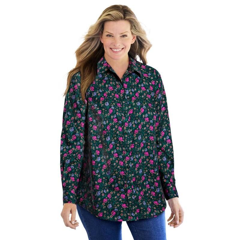 ウーマン ウィズイン レディース トップス シャツ プラスサイズ Woman Within Plusize Perfect Long Sleeve Shirt Green Pansy Ditsy グリーン