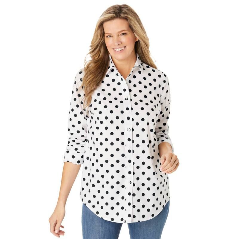 ウーマン ウィズイン レディース トップス シャツ プラスサイズ Woman Within Plusize Perfect Long Sleeve Shirt White Black Dot ホワイト