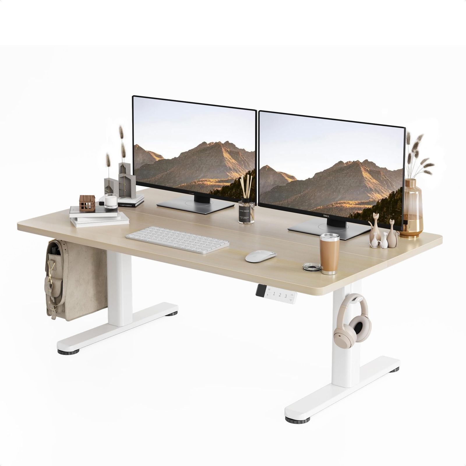 Claiks 昇降デスク 電動 ローデスク スタンディングデスク 昇降式 ローテーブル 幅120cm*奥行き60cm テレワーク オフィスデスク 在宅ワーク パソコンデスク 高さ調節 昇降範囲45-72? メモリー機能 ホワイトフレーム/ナチュラル天板ｍａ