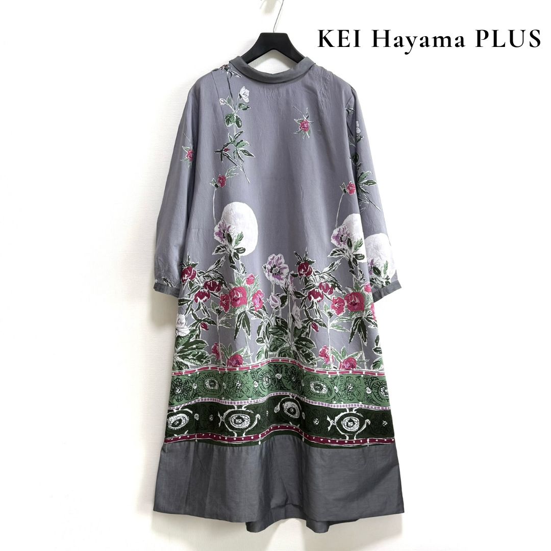 KEI Hayama PLUS ケイハヤマプリュス 花柄プリント 長袖ワンピース キュプラ混 日本製 グレー系 A007 11,999円