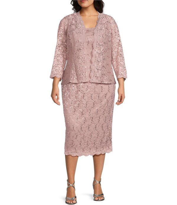 イグナイト レディース トップス ワンピース プラスサイズ スパンコール レース ジャケット Ignitevenings Plusize Scalloped Sequin Lace Square Neck 34 Sleeve 2Piece Jacket Dre 32,370円