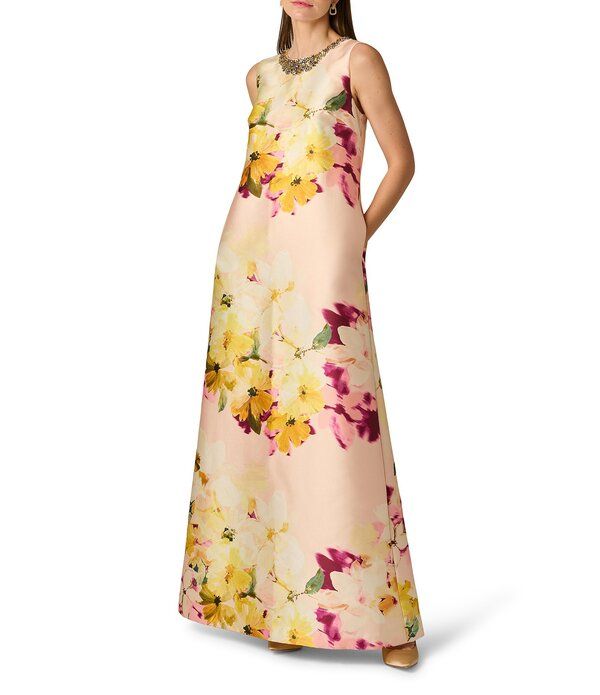 アイダンマットックス レディース トップス ワンピース フラワー柄 プリント ノースリーブ フラワー Aidan Mattox Mikado Floral Print Beaded Neck Sleevelessheath Gown Gold Multi ゴー
