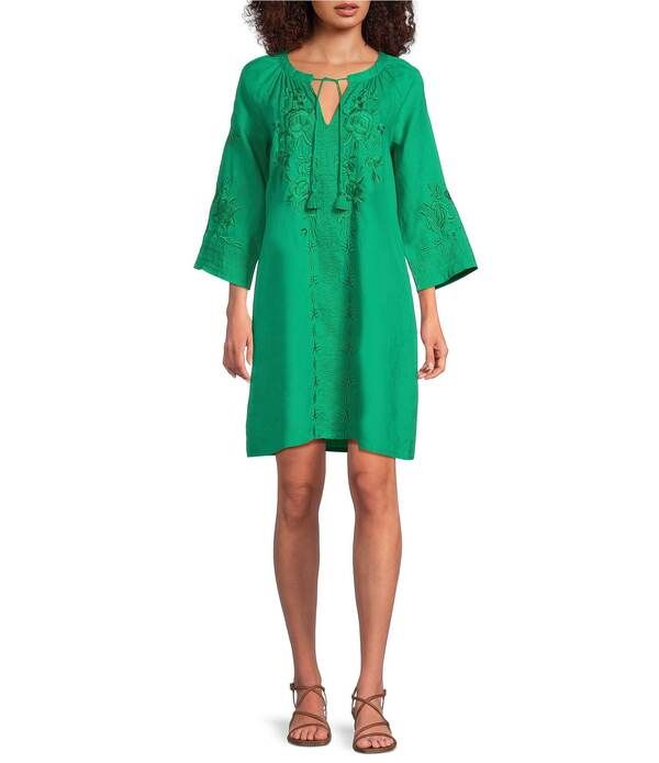 ジョニーワズ レディース トップス ワンピース Vネック 刺繍 リネン JOHNNY WAS Linen Embroidered VNeck 34 Bell Sleeve Dress Green Tambourine グリーン