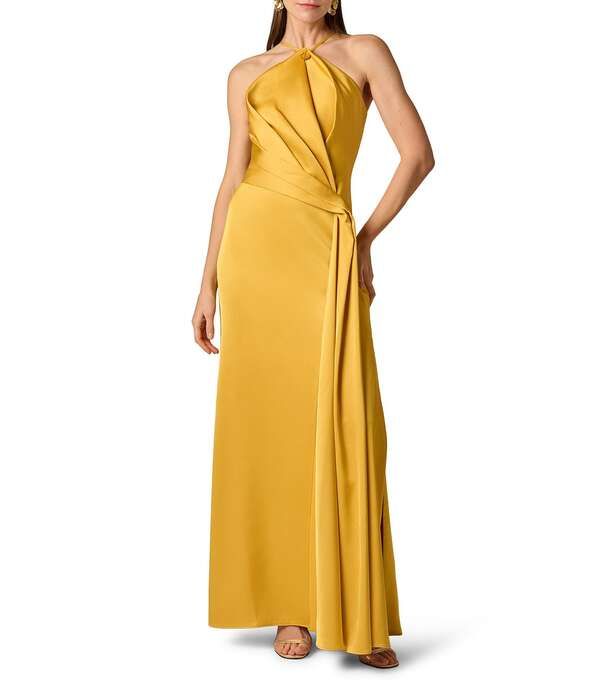 アイダンマットックス レディース トップス ワンピース プリーツ サテン ホルター Aidan Mattox Satin Halter Hardware Neckline Pleated Bodice Sheath Dress Golden Rod
