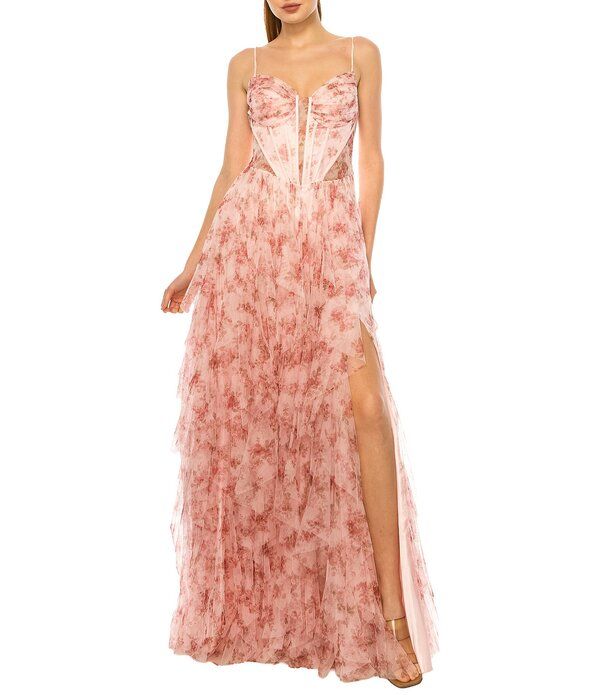 ビーダーリン レディース トップス ワンピース フラワー柄 プリント フリル メッシュ フラワー B Darlin Floral Printed Mesh Sweetheart Neck Corseted Ruffle Long Dress Blush ブラッ