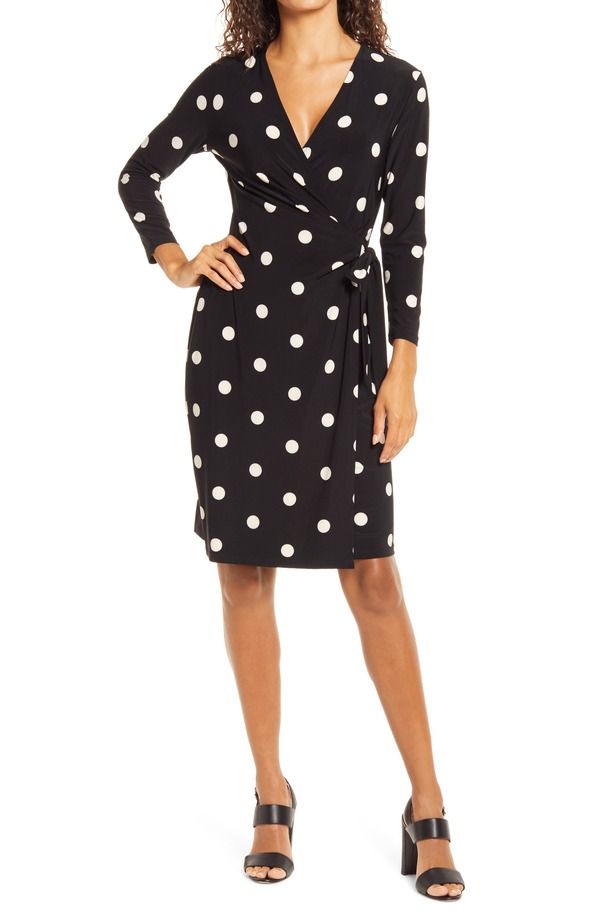 アンクライン レディース トップス ワンピース ドット柄 ドット Anne Klein Polka Dot Bracelet Sleeve Wrap Dress Anne Black Anne White ホワイト