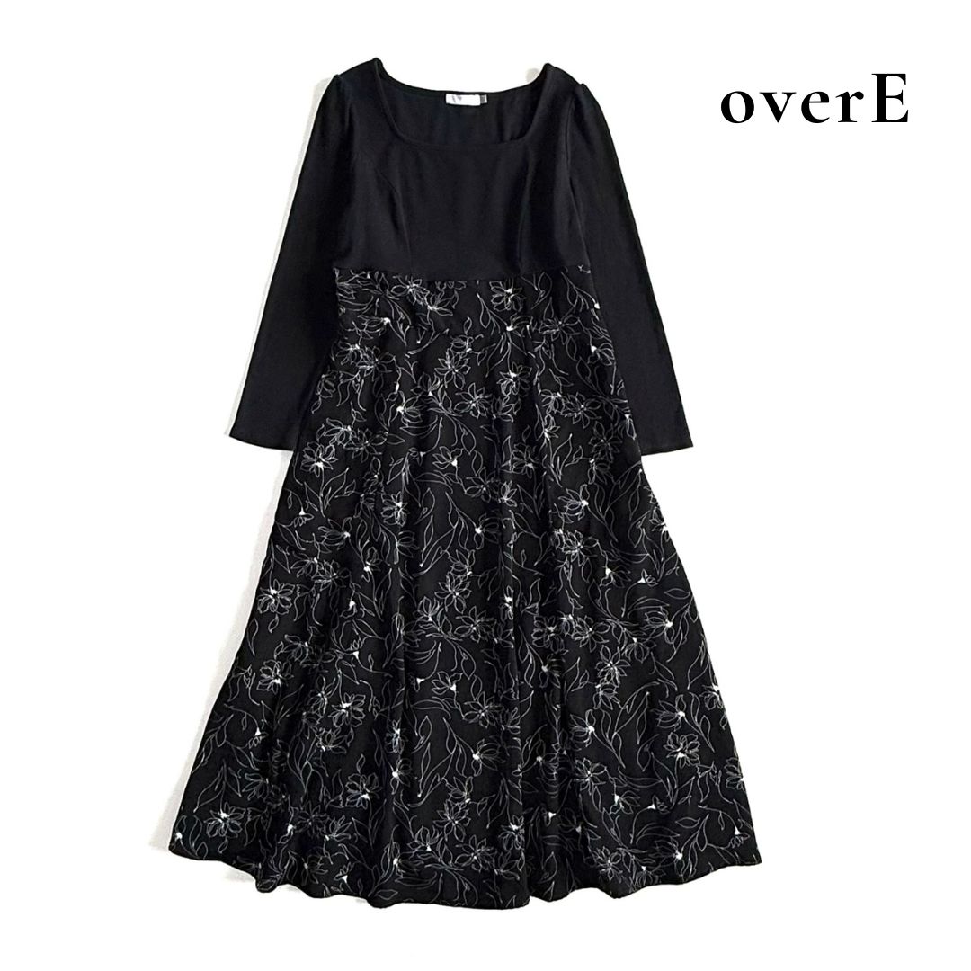 overE オーバーイー フラワードッキングワンピース 花柄切替 ロングワンピース ブラック系 サイズ102 A010