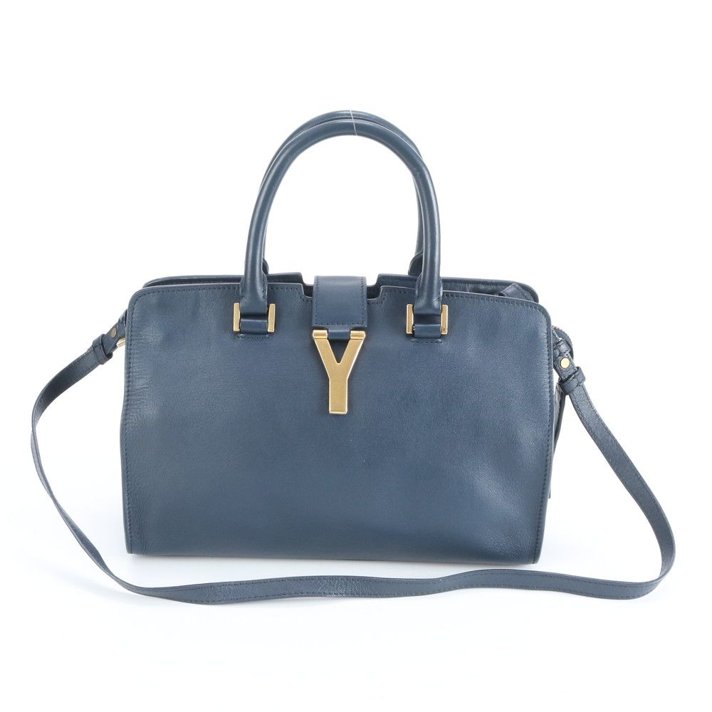YSL サンローラン パリ プチ カバス Yライン レザー 2WAY ショルダーバッグ 斜め掛け ハンド トート ネイビー レディース REE DP40-1【中古】