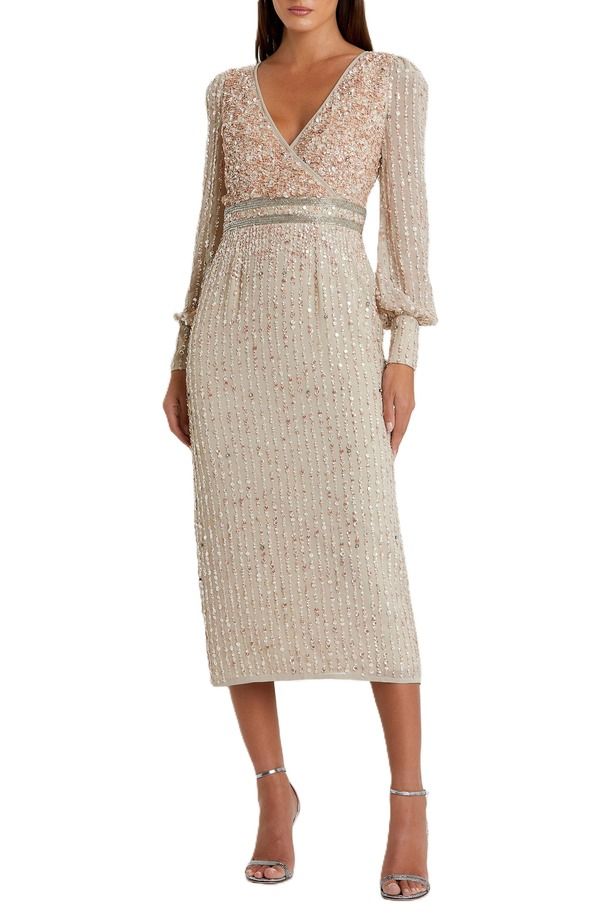 マックダガル レディース トップス ワンピース Vネック オーバーレイ スパンコール Mac Duggal VNeck Sequined Overlay Gown with Long Bishop Sleeves and Embellished Waist N