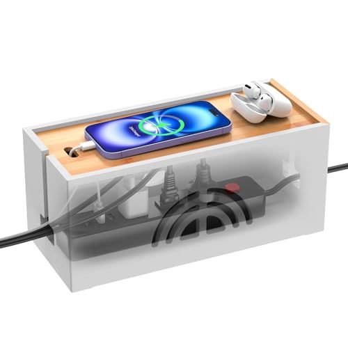 Pezin & Hulin?ケーブル収納ボック 電源タップ収納?竹製コンセントボックス?幅30ｘ奥行14ｘ高さ14ｃｍ 副28.5ｃｍまでのコンセント収納出来?組立不要 簡単に使える ナチュラル+白as cbb1dfd6