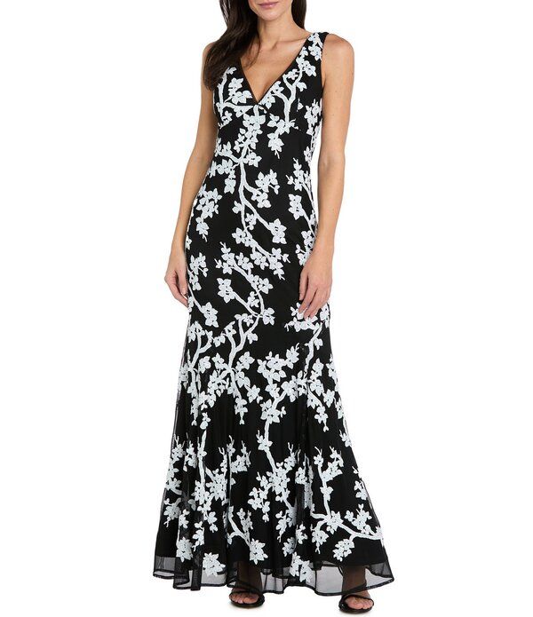 アールアンドエムリチャーズ レディース トップス ワンピース フラワー柄 プチ メッシュ スパンコール フラワー R M Richards Petite Size Beaded Floral Sequin Mesh Longown BlackWhite ホワイ