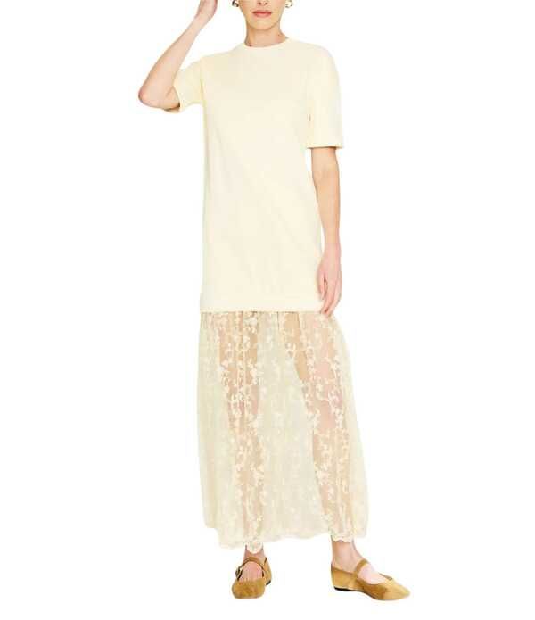 ラインアンドドット レディース トップス ワンピース パイル シャツ レース マキシ Line andot Esryn Round Neck Short Sleeve French Terry Lace Mix Shirt Maxi Dress Yellow