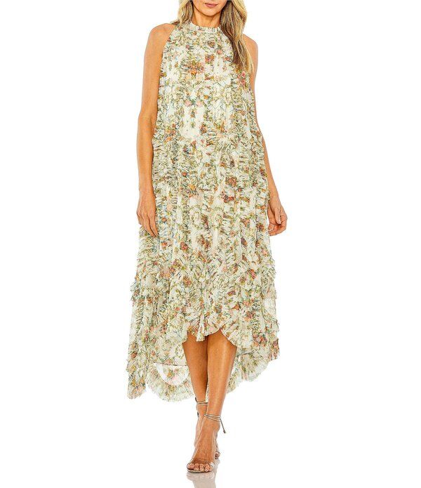 マックダガル レディース トップス ワンピース ハイネック フラワー柄 フリル ミディ ノースリーブ フラワー Mac Duggal Sleeveless High Neck Lattice Ruffle Floral Midi Dress Ivory Mul