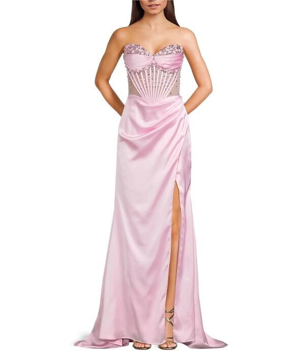ジービー レディース トップス ワンピーストラップレス GB Social Straplessweetheart Beaded Rhinestone Corset Long Dress Light Pink ピンク