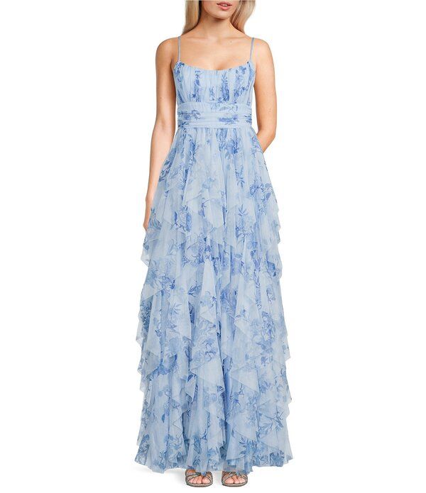 ビーダーリン レディース トップス ワンピース フラワー柄 プリーツ プリント フリル メッシュ フラワー B Darlin Floral Printed Mesh Pleated Scoop Neck Cascade Ruffledress Light Bl