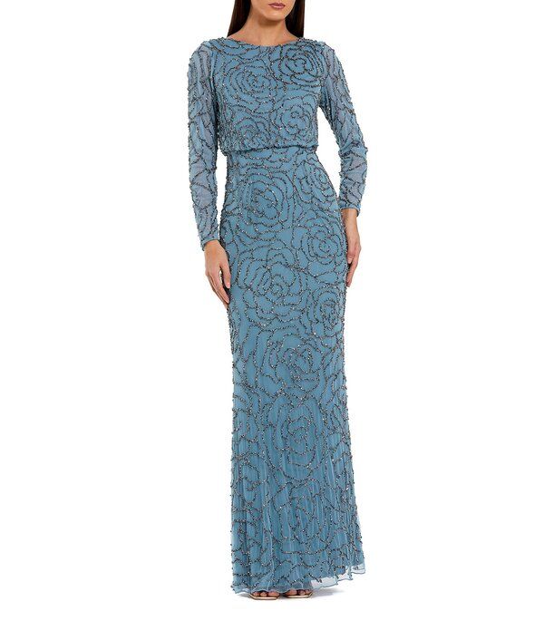 マックダガル レディース トップス ワンピース クルーネック A ライン メッシュ Mac Duggal Mesh All Overose Bead Crew Neck Long Sleeve ALine Gown Smoky Blue ブルー