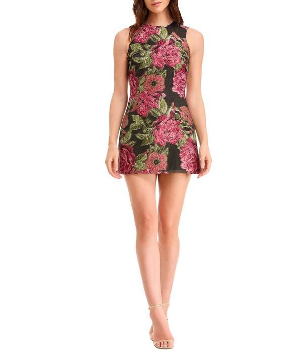 ドレスザポプレーション レディース トップス ワンピース クルーネック フラワー柄 プリント ミニ ノースリーブ フラワー Dress the Population Katherine Jacquard Floral Print Crew Neck Sleev