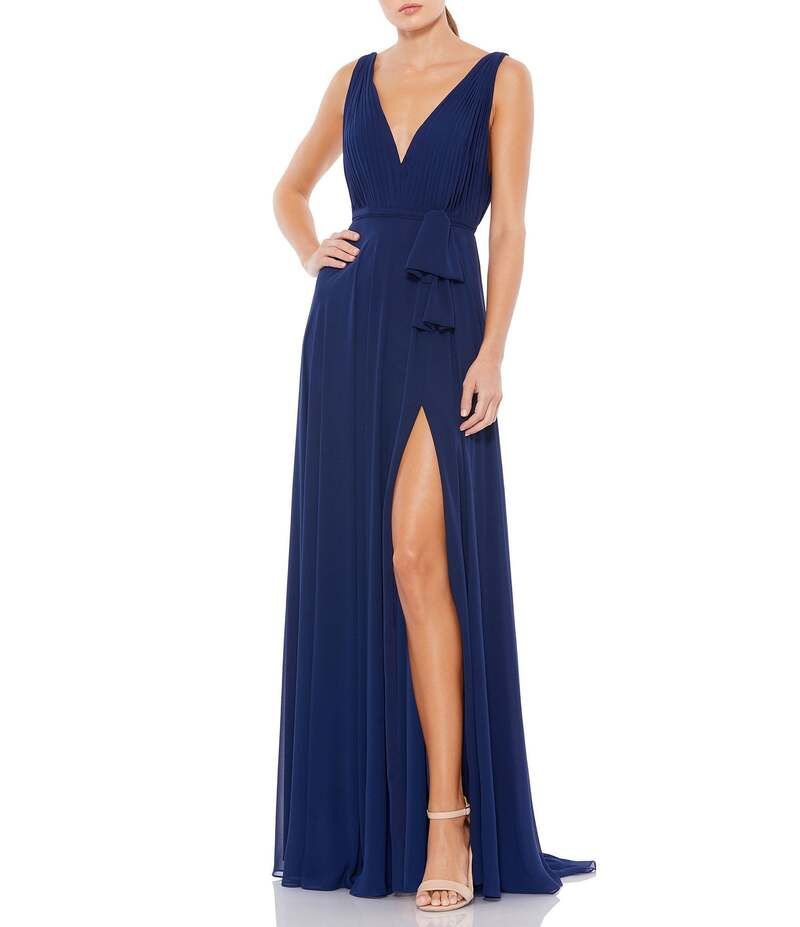 マックダガル レディース トップス ワンピース Vネック シフォン ドレープ Mac Duggal Chiffon Plunge VNeck Sleevless Draped Tie Trapeze Gown Midnight