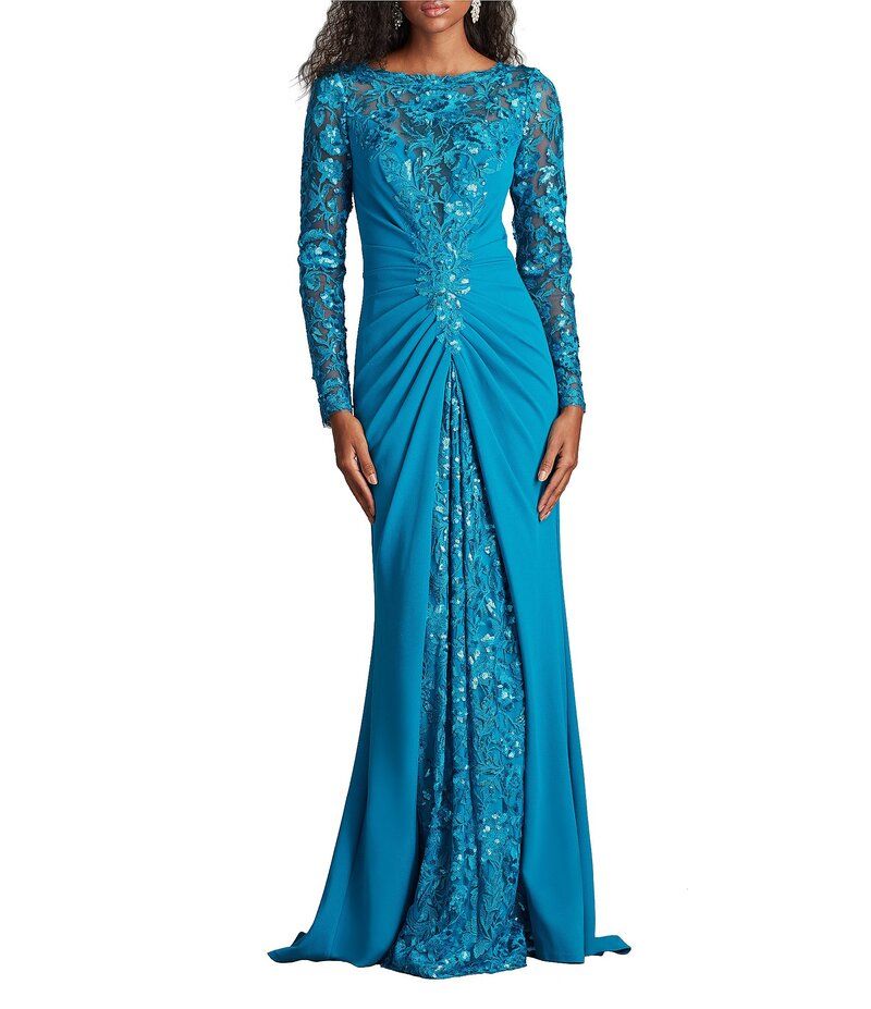 タダシショージ レディース トップス ワンピース クレープ スパンコール 刺繍 Tadashi Shoji Crepe Embroidered Sequin Boat Neck Long Sleeve Sheath Gown Marine