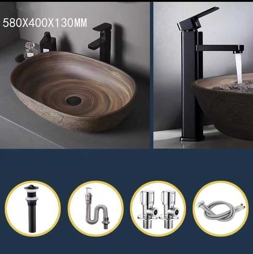 美品登場☆洗面台 手洗器 手洗い鉢 洗面器 陶器　洗面ボール 手水鉢 蛇口 排水金具付き 洗面ボウルセット