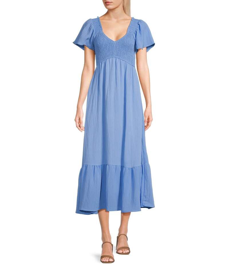 ブルーペッペーブルーペッパー レディース トップス ワンピース Vネック ミディワンピース ミディ シャーリング Blu Pepper Flutter Sleeve Smocked VNeck Midi Dress Blue ブルー