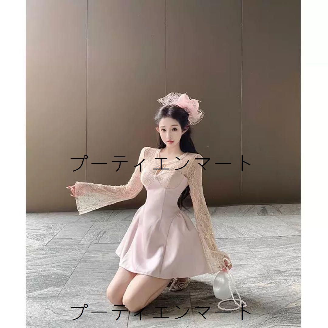 人気商品 淡ピンクレースミニドレス 結婚式&パーティー用魅力的なベルスリーブ 人気商品 淡ピンクレースミニドレス 結婚式&パーティー用魅力的なベルスリーブ