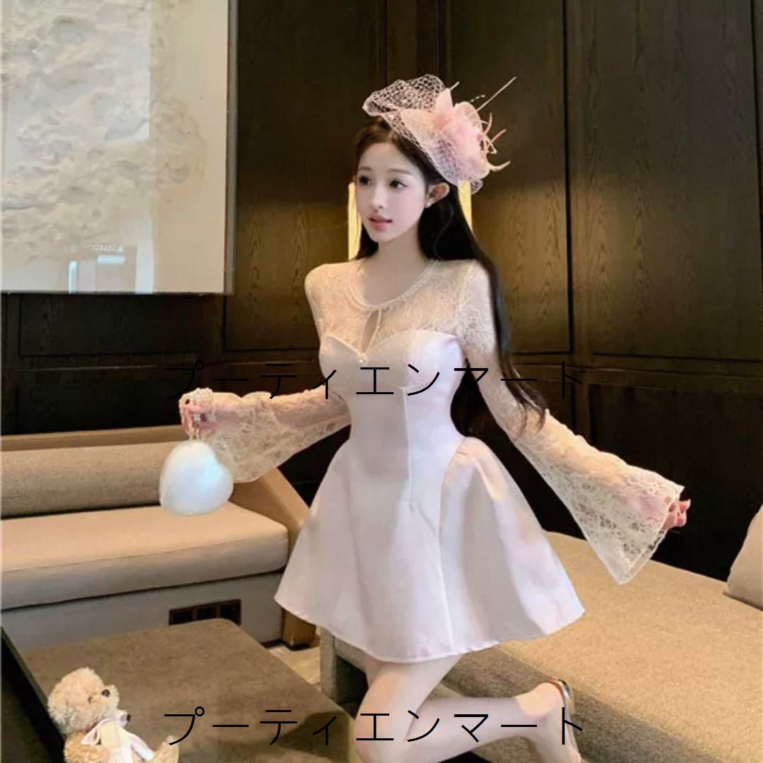 人気商品 淡ピンクレースミニドレス 結婚式&パーティー用魅力的なベルスリーブ 人気商品 淡ピンクレースミニドレス 結婚式&パーティー用魅力的なベルスリーブ
