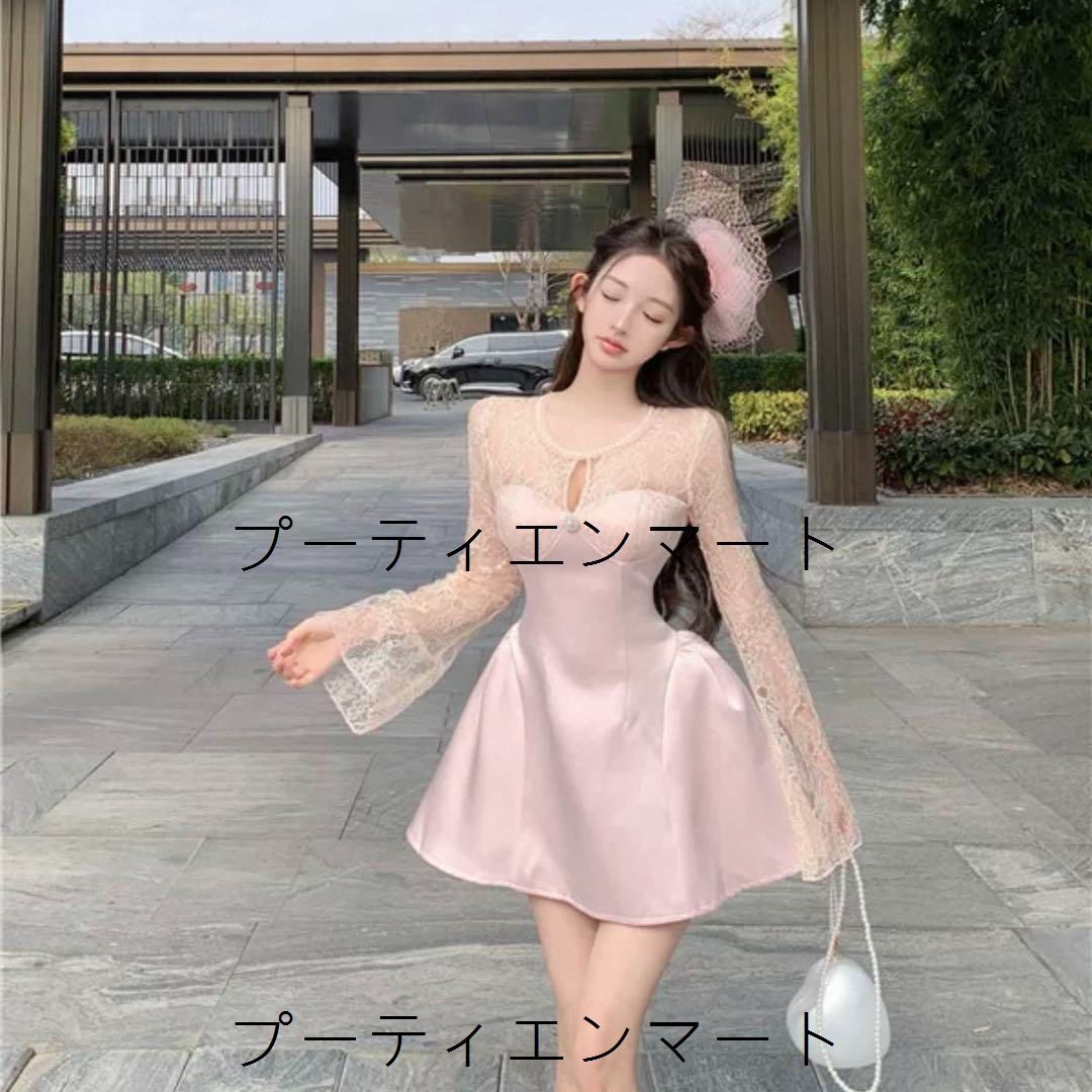 人気商品 淡ピンクレースミニドレス 結婚式&パーティー用魅力的なベルスリーブ 人気商品 淡ピンクレースミニドレス 結婚式&パーティー用魅力的なベルスリーブ
