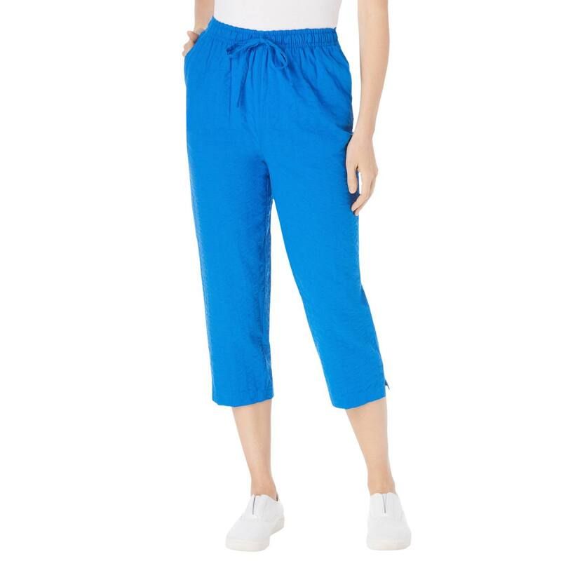 ウーマン ウィズイン レディース ボトムス カジュアルパンツ プラスサイズ プチ キャップ Woman Within Plusize Petite Seersucker PullOn ElasticWaist Capri Pants Bright Cobalt