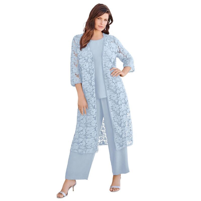 ロアマンズ レディース トップス ワンピース プラスサイズ レース Roamans Womens Plusize 3Piece Allover Lace Duster Pant Set Formal Wear Pearl Grey パール