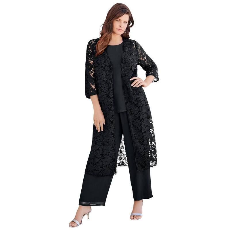 ロアマンズ レディース トップス ワンピース プラスサイズ レース Roamans Womens Plusize 3Piece Allover Lace Duster Pant Set Formal Wear Black ブラック