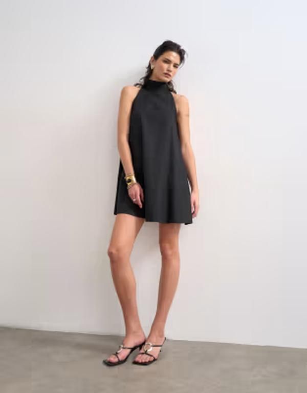 トップショップ レディース トップス ワンピース ハイネック リネン Topshop high neck linen mix trapeze dress Black ブラック