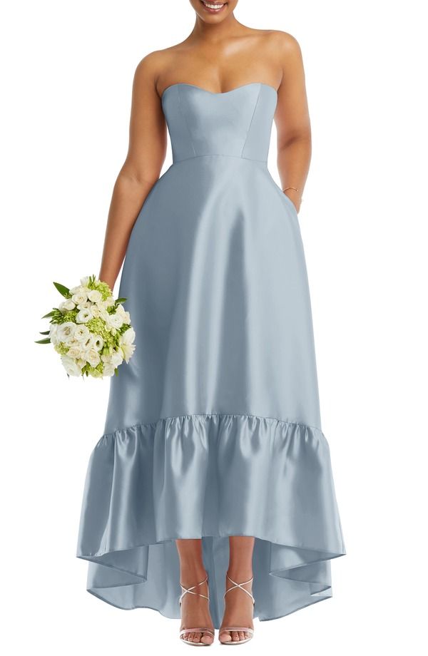 アルフレッド レディース トップス ワンピース フリル サテン ストラップレス Alfred Sung Strapless Ruffle HighLow Satin Gown Mist