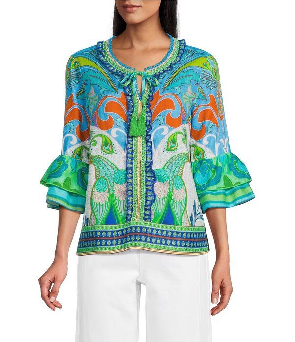 ジョン マーク レディース トップス シャツ ティアード プリント フリル John Mark Woven Peacock Border Print Scoop Neck Tassel Tie 34 Ruffle Tiered Sleeve Top Bird