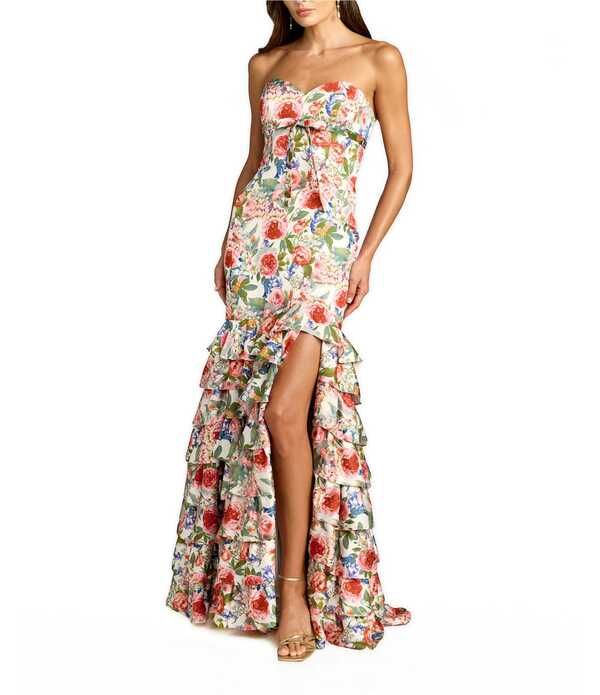 マックダガル レディース トップス ワンピース フラワー柄 フリル ストラップレス フラワー Mac Duggal Strapless Floral Charmeuse Ruffle Gown Ivory Multi アイボリー