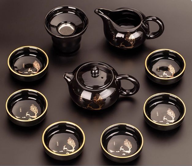 10点入り黒釉功夫茶具セット 家用 軽奢 高級 陶瓷 茶釜 茶杯