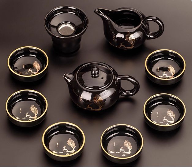 10点入り黒釉功夫茶具セット 家用 軽奢 高級 陶瓷 茶釜 茶杯