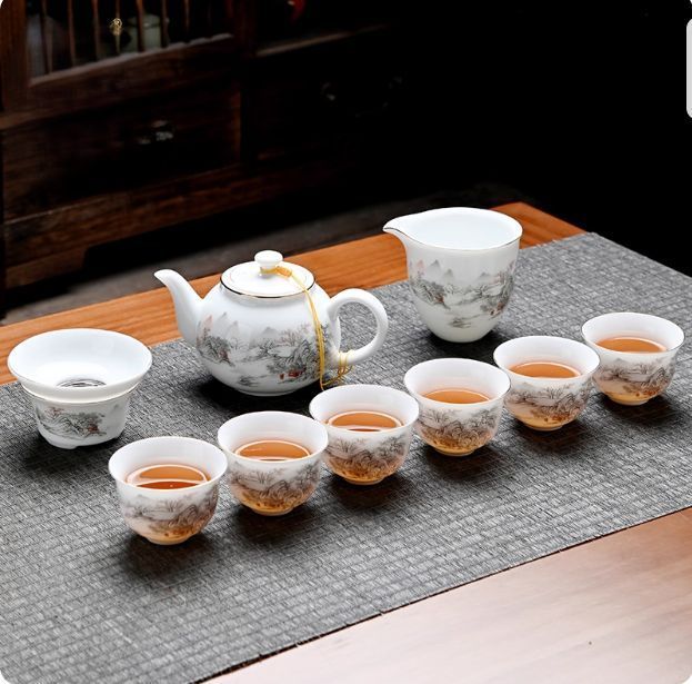 10点セットの白玉磁器功夫茶セット 家庭用・オフィス用 急須・蓋碗・湯呑み 陶磁器