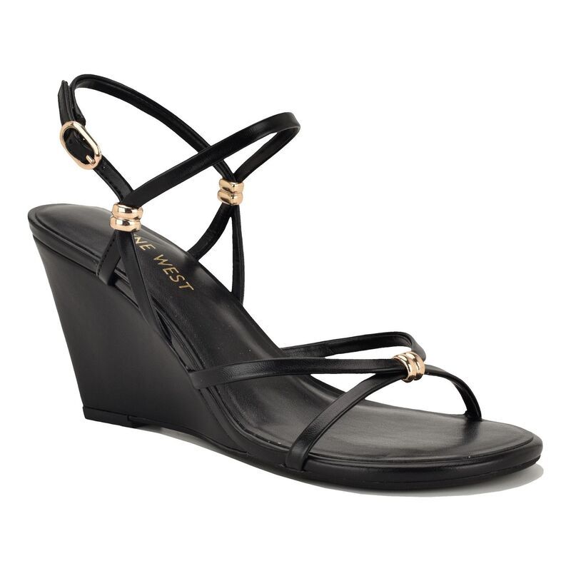 ナインウェスト レディース シューズ パンプス サンダル Nine West Deklyn Womens Round Toe Strappy Wedge Sandals Black ブラック