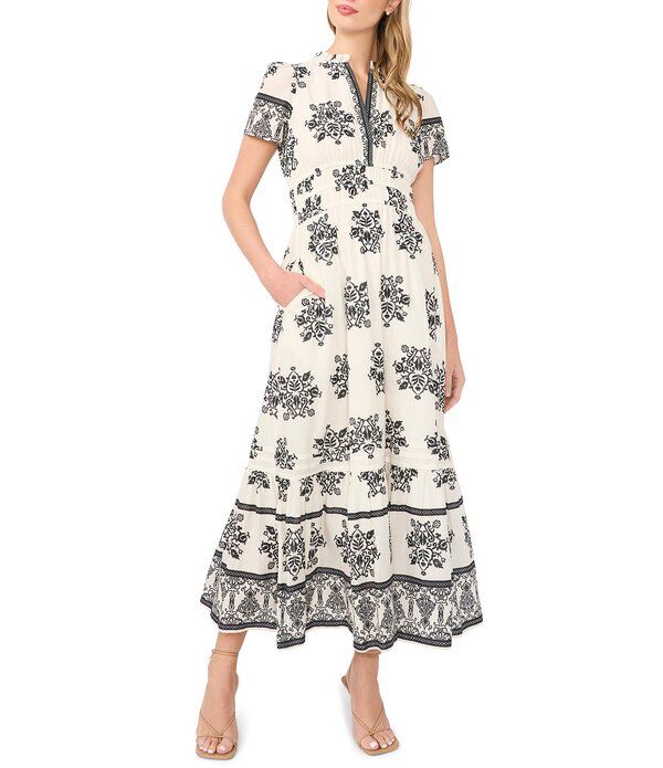 セセ レディース トップス ワンピース Vネック A ライン フラワー柄 プリント マキシ フラワー CeCe Woven Floral Print VNeck Short Sleeve Maxi ALine Dress New Ivory アイボリー