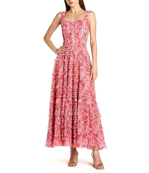 マックダガル レディース トップス ワンピース フラワー柄 フリル メッシュ アンクル フラワー Mac Duggal Floral Mesh Micro Ruffle Scoop Neck Ankle Dress Cherry Multi マルチカラー